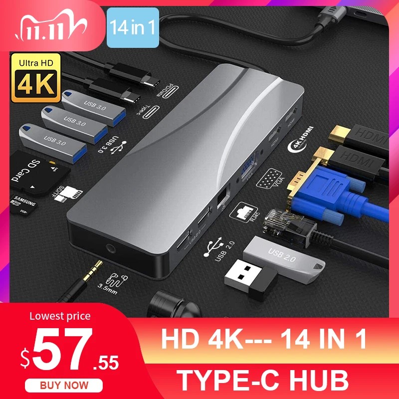 Type-C 14 in 1 HUB to USB 3.0 HUB HDMI With RJ45 Adapter Dock for MacBook Pro Huawei Mate 30 USB-C 3.1 Splitter Port TypeC HUB
Type-C 14 in 1 HUB to USB 3.0 HUB HDMI With RJ45 Adapter Dock for MacBook Pro Huawei Mate 30 USB-C 3.1 Splitter Port TypeC HUB