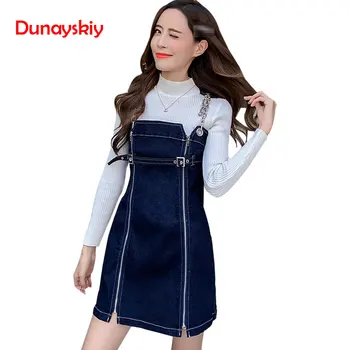 Spring Summer 2020 Zipper Metal Strap Chain Denim Mini Overalls Dress Women Casual Dresses Vestidos Slim A Line Jeans Dress 
Spring Summer 2020 Zipper Metal Strap Chain Denim Mini Overalls Dress Women Casual Dresses Vestidos Slim A Line Jeans Dress