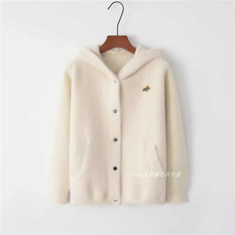 2019 Spring New Women Loose Imitation Mink Cashmere Jacket Coat Female Short Hooded Sweater Thick Knit Autumn Outerwear |