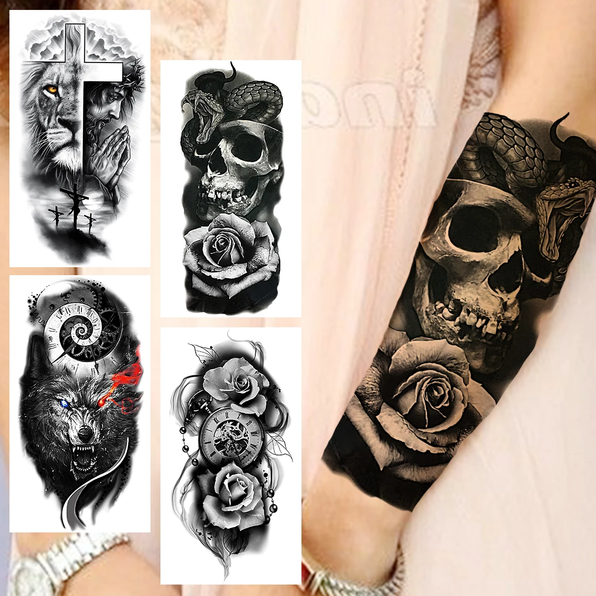 

Black Skull Snake Temporary Tattoos For Women Men Realistic Lion Praying Wolf Fake Tattoo Sticker Forearm Body Tatoos Serpent