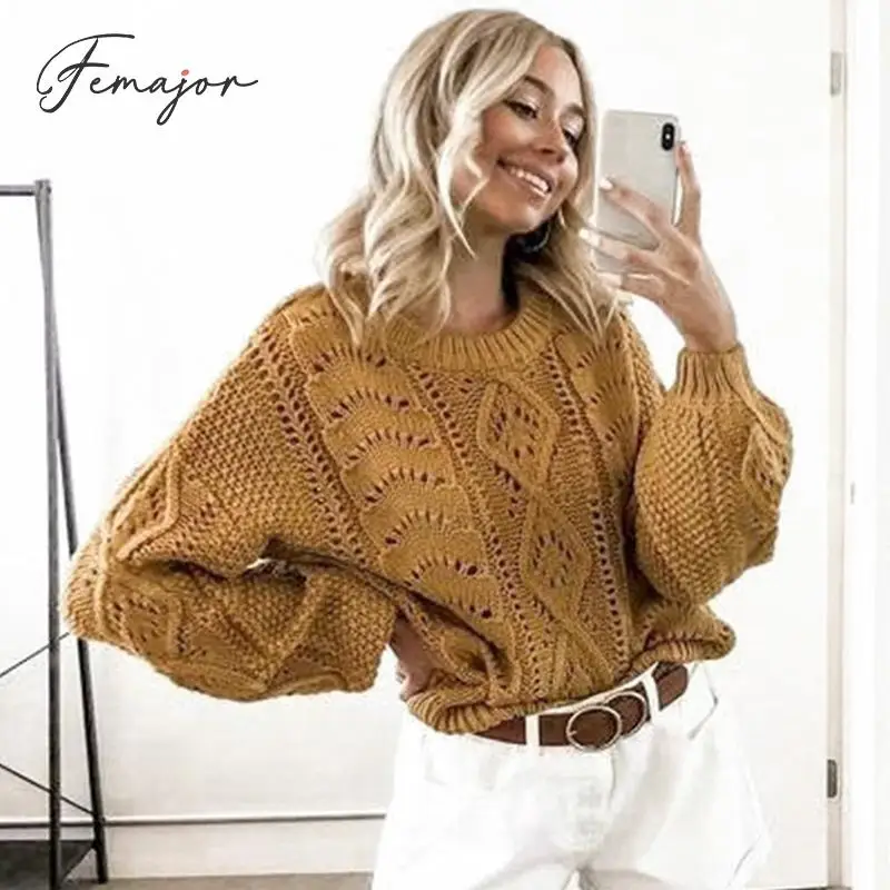 Femajor 2019 осенне-зимние женские джемперы свитер модные открытые рукава-фонарики