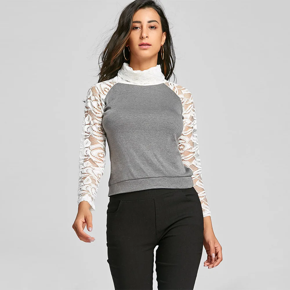 fashion Stylish Turtleneck Long Sleeve Knitting Spliced Women's T-Shirt Patchwork Sexy Lace Tees Casual Vintage Tops 2019 Autumn 
fashion Stylish Turtleneck Long Sleeve Knitting Spliced Women's T-Shirt Patchwork Sexy Lace Tees Casual Vintage Tops 2019 Autumn