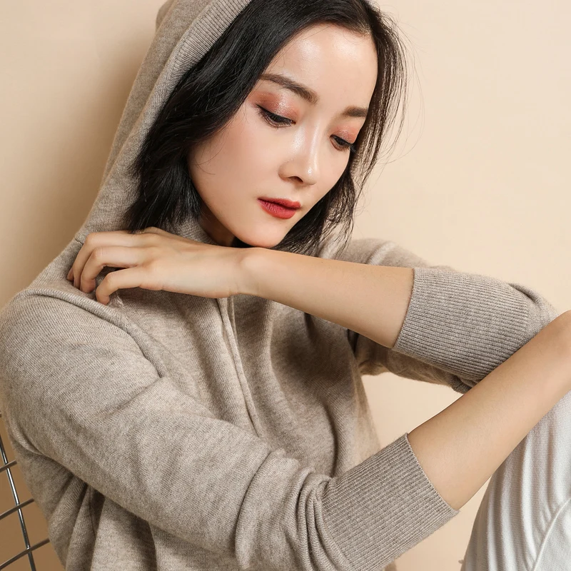 Женский кашемировый свитер в Корейском стиле с капюшоном Свободный Повседневный