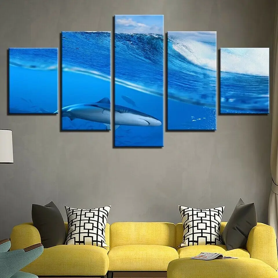 

5 Piece Canvas Blue Deep Sea Shark Painting Wall Art Print Home Decor HD Pictures 5 Panel Poster No Framed Paintings