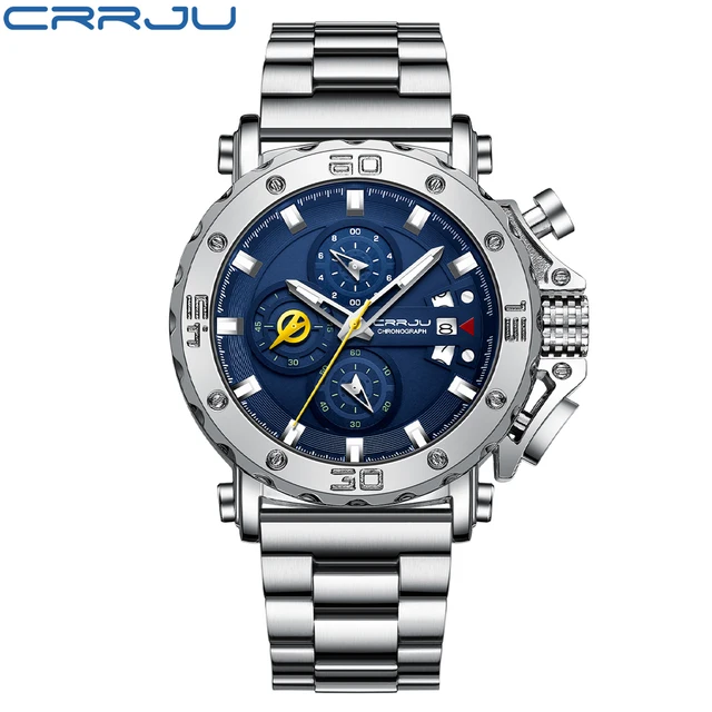 CRRJU-Montre de Luxe à Grand Cadran pour Homme, en Acier Inoxydable, Étanche, avec Chronographe et Date 2