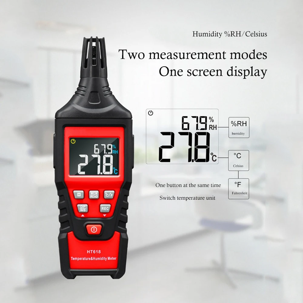HT618 Bluetooth Data Retention Micro-digital Hygrometer Digital Temperature Humidity Meter Overload Indication Unit Conversion
HT618 Bluetooth Data Retention Micro-digital Hygrometer Digital Temperature Humidity Meter Overload Indication Unit Conversion