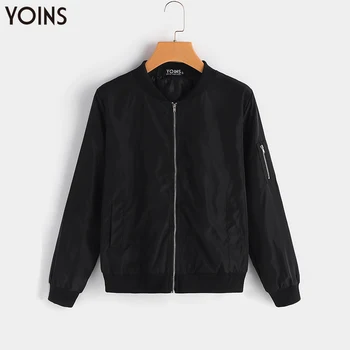 

YOINS 2020 Autumn Winter Women Bomber Jackets Coats Pockets Long Sleeves Zipper Round Neck Oversize Short Streetwear Casual Punk