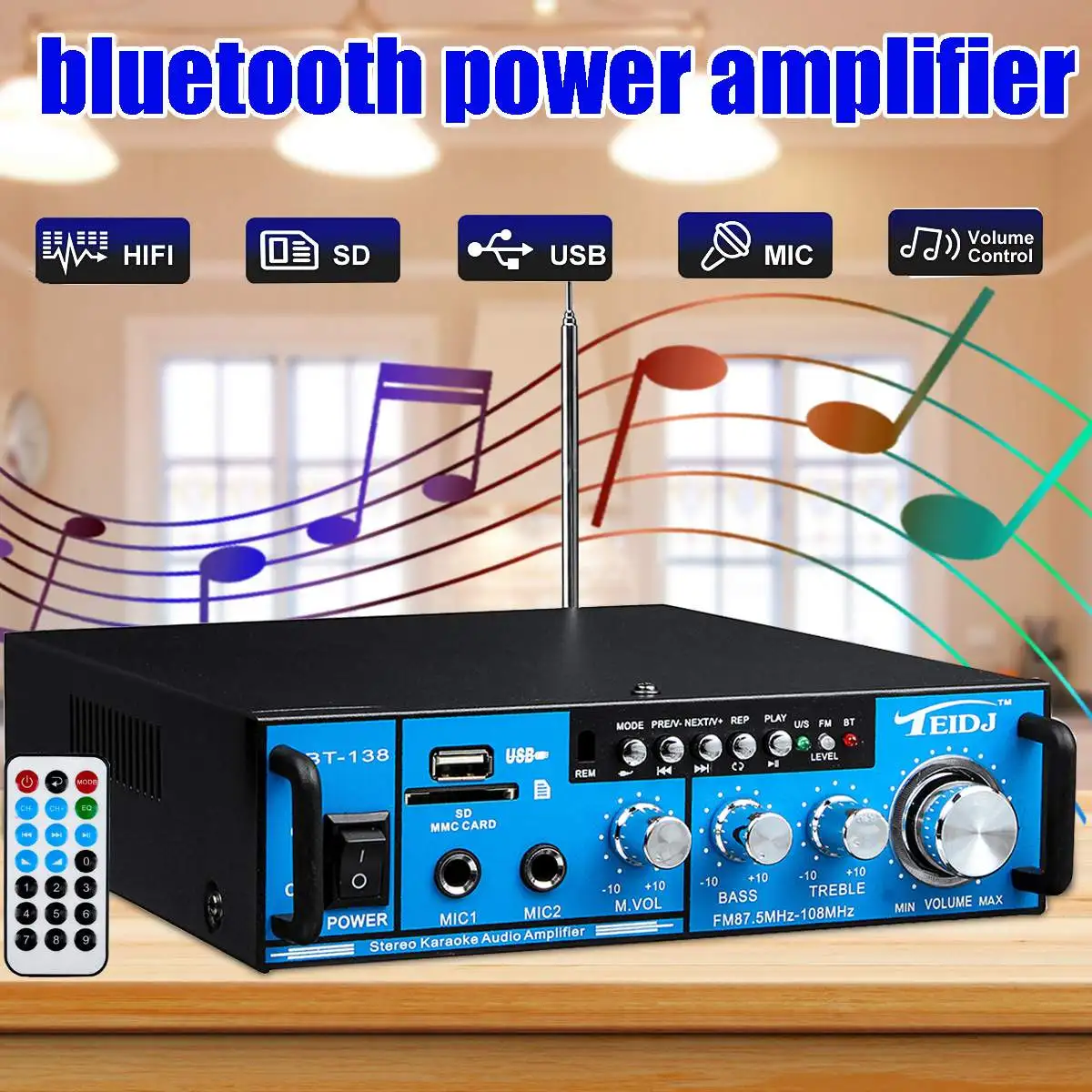 800W AC DC 12V/220V 2CH HIFI bluetooth Audio Theater Amplifiers FM Audio Power Amplifier Karaoke Mic for Home Car W/Dual Mic
800W AC DC 12V/220V 2CH HIFI bluetooth Audio Theater Amplifiers FM Audio Power Amplifier Karaoke Mic for Home Car W/Dual Mic