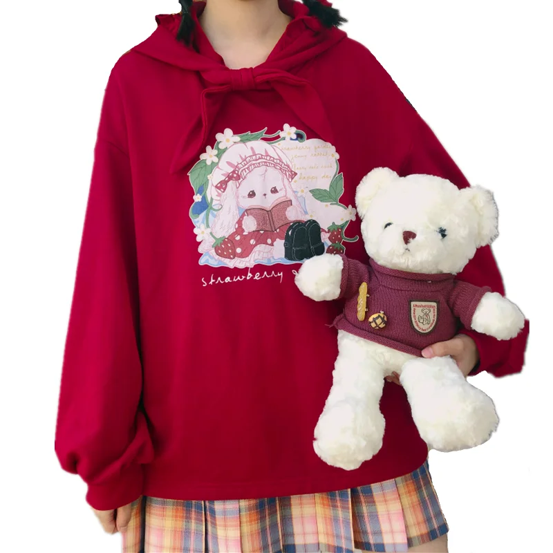 

Женская толстовка с капюшоном, милый свитшот с бантом и графическим принтом кролика в стиле «Харадзюку», пуловер с капюшоном с оборками и ушками кролика на осень