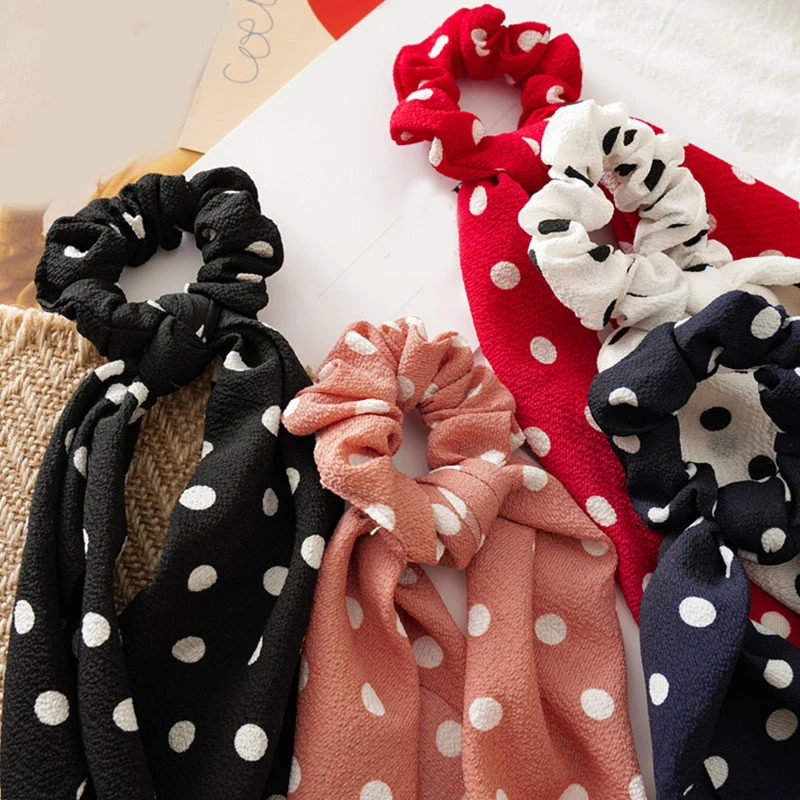 Women Streamers Scrunchies Polka Dot Floral Print Elastic Bow Hair Rope Girl Hair Ties Korean Sweet Hair Accessories Headwear