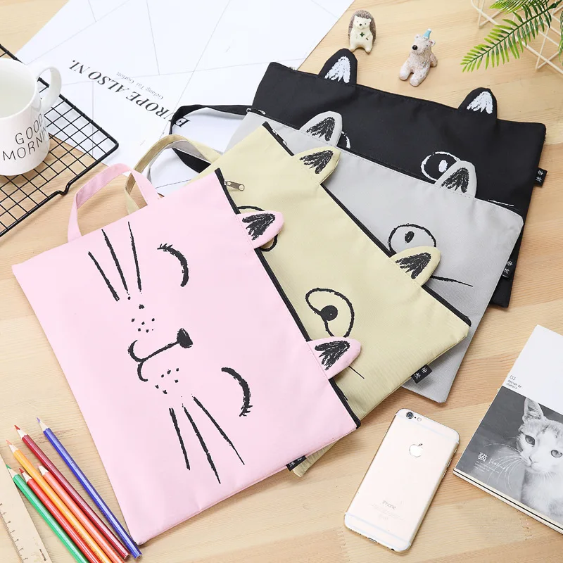 Cute Cat Zipper Canvas File Holder Students Stationery Cartoon Test Paper Storage Bag Carry Bag