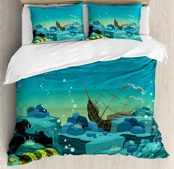 Cartoon Duvet Cover Set Seascape Underwater with Treasure Galleon and Sunk Ship Pirate Kids Print Bedding Set Teal and Yellow
Cartoon Duvet Cover Set Seascape Underwater with Treasure Galleon and Sunk Ship Pirate Kids Print Bedding Set Teal and Yellow