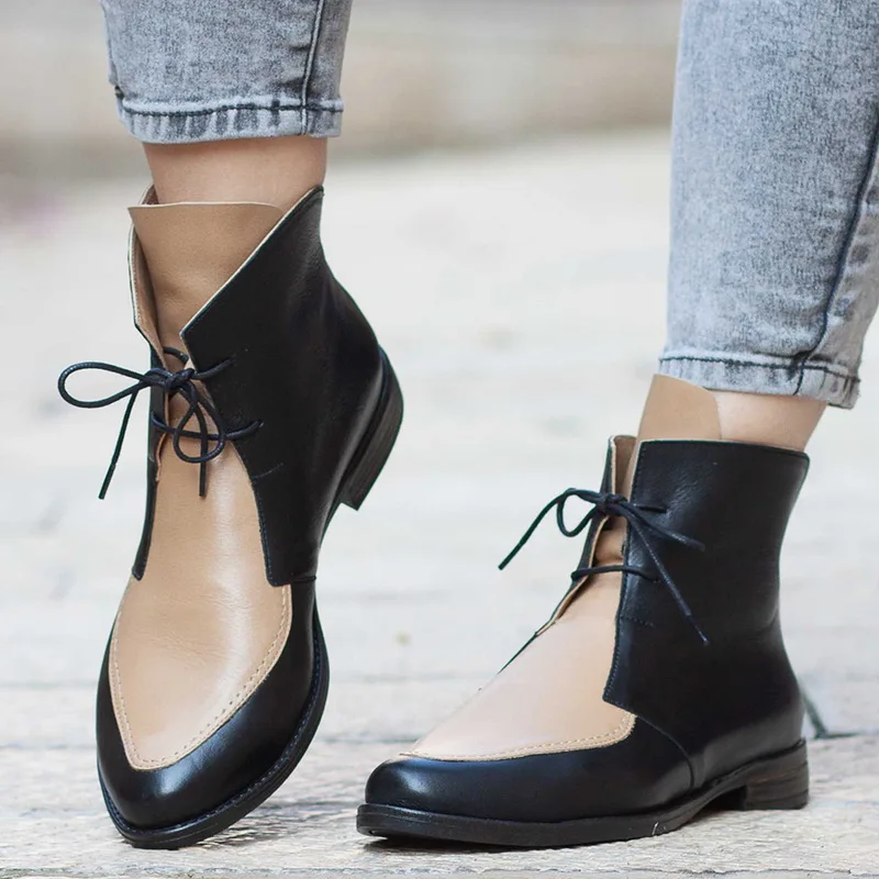 Women's Fashion Pointed Toe Flat Boots 2020 New Ladies Color Matching PU Leather Lace Up Ankle Boots Casual Comfort Boots
Women's Fashion Pointed Toe Flat Boots 2020 New Ladies Color Matching PU Leather Lace Up Ankle Boots Casual Comfort Boots