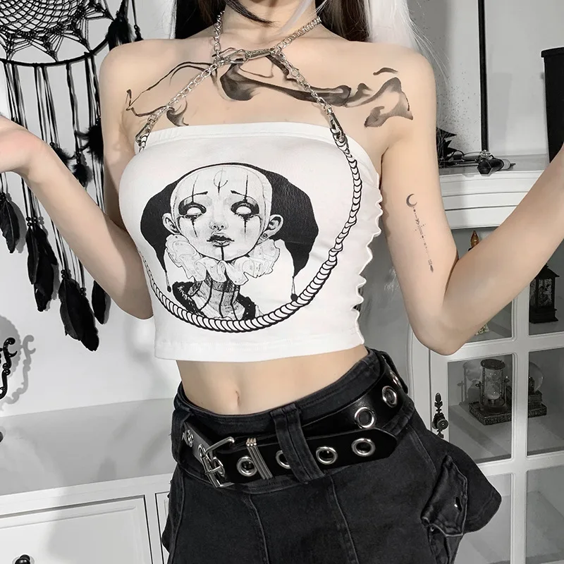 White Gothic Clown Print Women Camis 2021 Summer Sexy Lady Goth Punk Metal Chain Halter Slim Camisole Hipster Outdoor Street Top White Gothic Clown Print Women Camis 2021 Summer Sexy Lady Goth Punk Metal Chain Halter Slim Camisole Hipster Outdoor Street Top