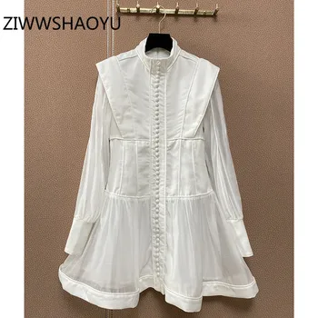 

ZIWWSHAOYU Autumn Winter Runway Eegant Cotton Linen Dress Women Stand Collar Single-Breasted Lantern Sleeve Short Dresses