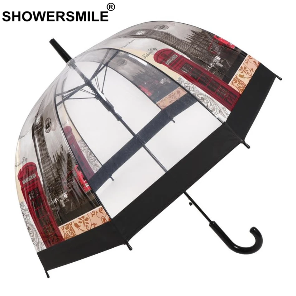 

SHOWERSMILE Transparent Umbrella Automatic Women Cage Umbrellas Long Handle British London Building Ladies Apollo Rain Umbrella