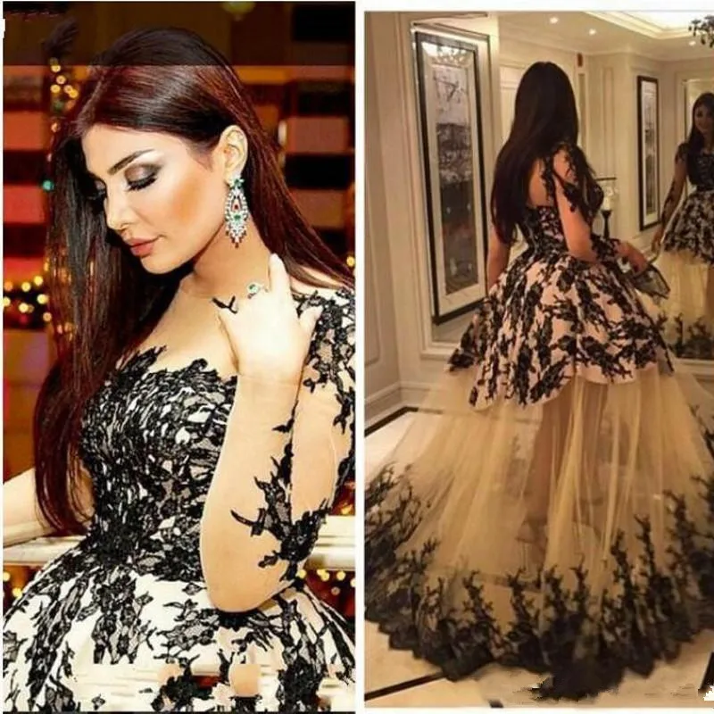 

Black and white Lace Evening Dress Sheer Bodice Kim Kardashian Haifa Eman Alaj Yousef Aljasmi Long Sleeve evening gown Ball Gown