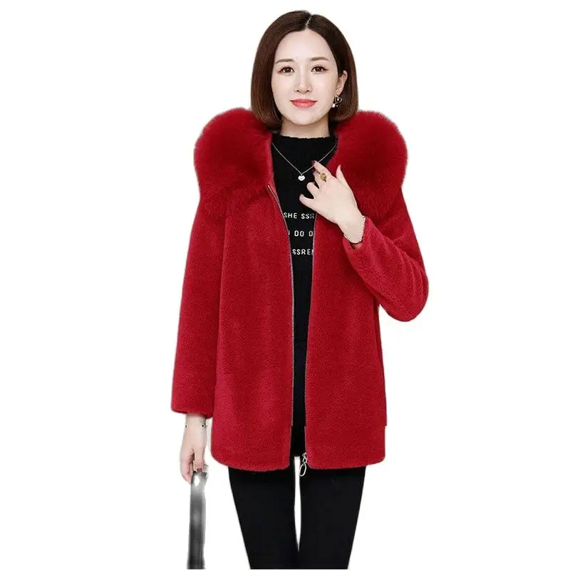 

Overcoat Parka Thicken Hooded Winter Ladies Jacket 2021New Imitate Lambswool Fur Women's Coat Mother's Grain Fleece Overcoat