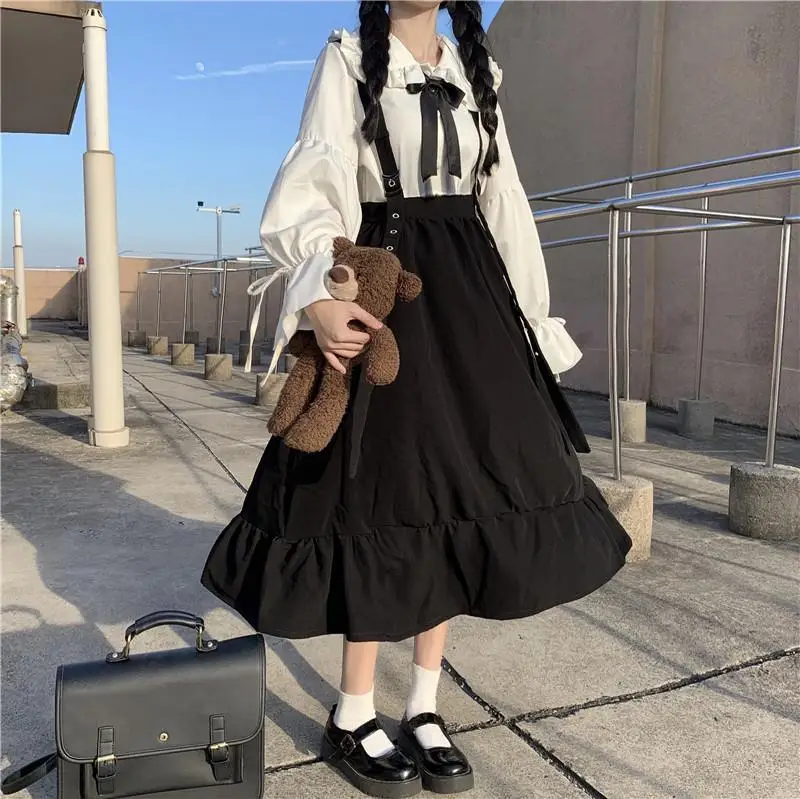 HOUZHOU-Falda larga de Lolita gótica para mujer, prenda de cintura alta con volantes, estilo Kawaii japonés, línea A, negra, suave, Harajuku, otoño