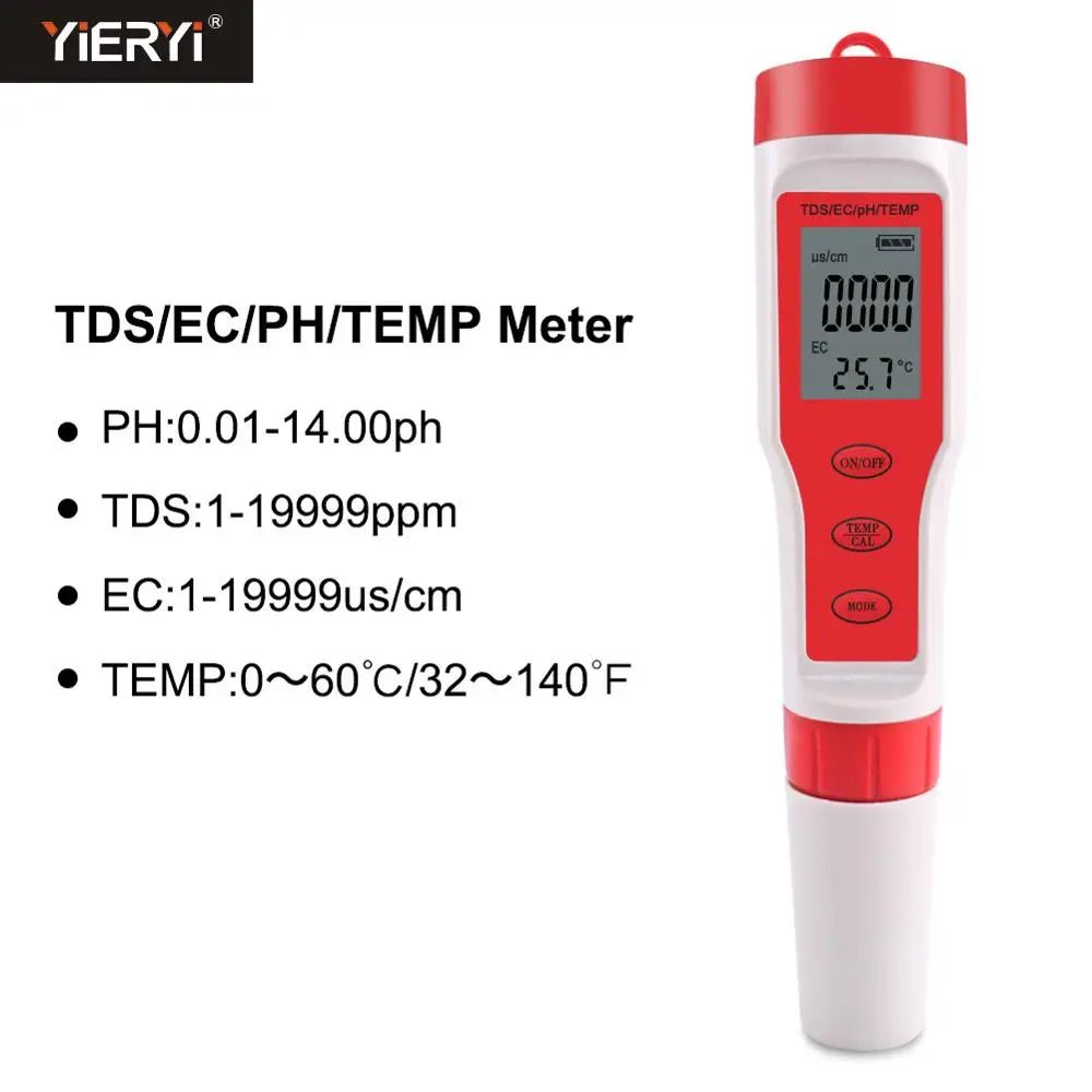 Yieryi 4 in 1 PH/TDS/EC/Temperature Meter PH Tester Digital Water Quality Monitor Tester for Pools, Drinking Water, Aquariums
Yieryi 4 in 1 PH/TDS/EC/Temperature Meter PH Tester Digital Water Quality Monitor Tester for Pools, Drinking Water, Aquariums