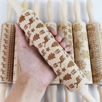 

1pcs 35cm*4cm Christmas Wood Embossing Rolling Pin Making Cookies Biscuits Fondant Cake Dough Home Kitchen Tool Dough Roller Pin