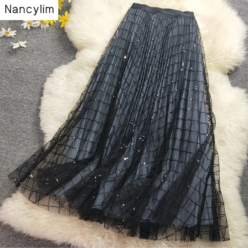 Glittery Sequin Mesh Skirt Girls Ladies New Fashion Sequins Check Pattern High Waist Long Pleated Skirt Female Spring and Summer 
Glittery Sequin Mesh Skirt Girls Ladies New Fashion Sequins Check Pattern High Waist Long Pleated Skirt Female Spring and Summer