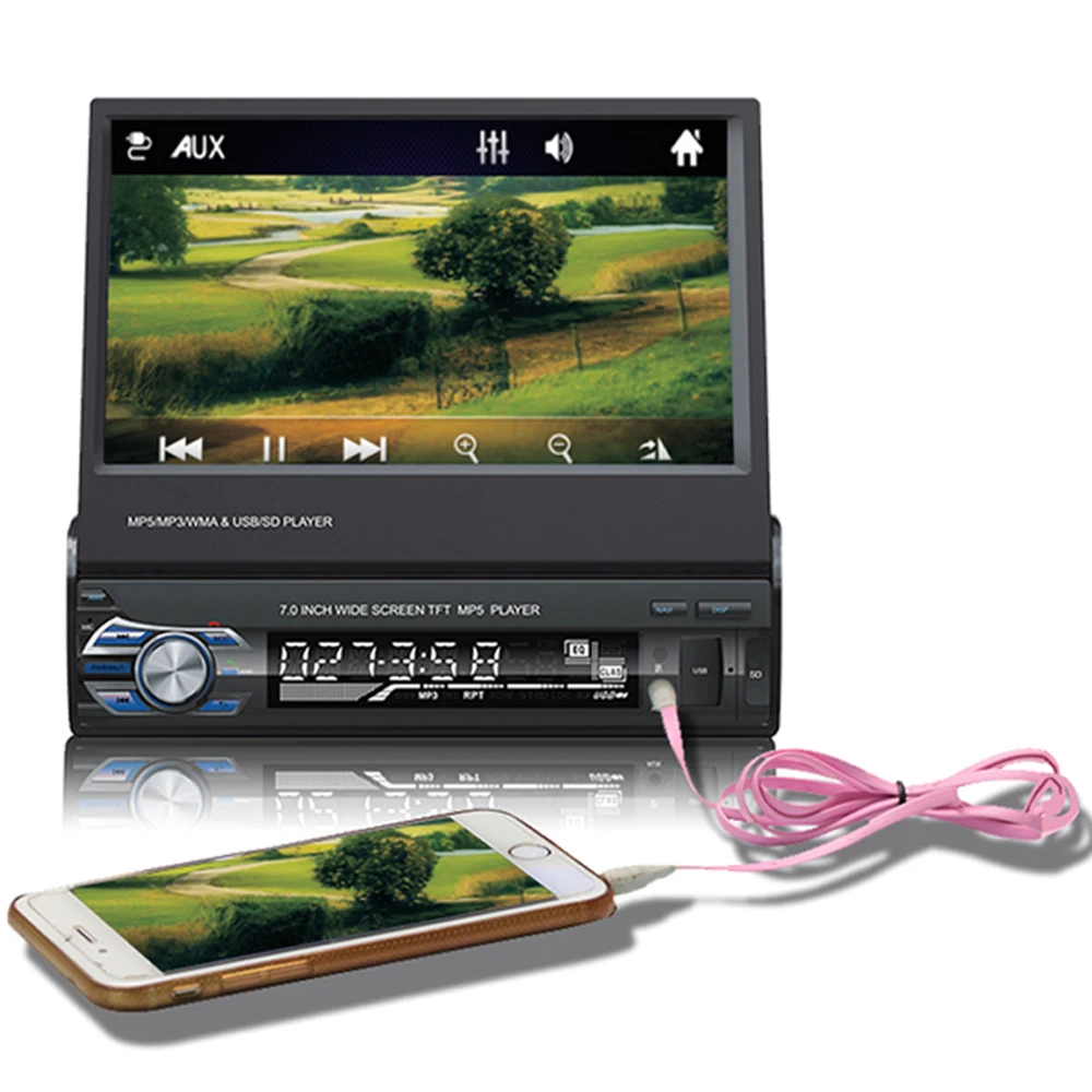 Car Radio 7" HD Retractable Screen MP5 Player Bluetooth Stereo Mirror Link Rear View Camera Remote Control GPS Navigation 1din
Car Radio 7" HD Retractable Screen MP5 Player Bluetooth Stereo Mirror Link Rear View Camera Remote Control GPS Navigation 1din