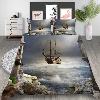 

Thumbedding Seaside Bedding Set Stone House Soft Lifelike 3D Duvet Cover Ship King Queen Twin Full Double Single Bed Set