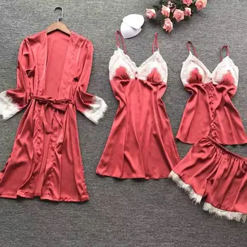 Women's Pyjamas with chest pad strap Red Sexy pajamas shorts female nightdress robe four-piece silk pajamas summer Home Wear 
Women's Pyjamas with chest pad strap Red Sexy pajamas shorts female nightdress robe four-piece silk pajamas summer Home Wear