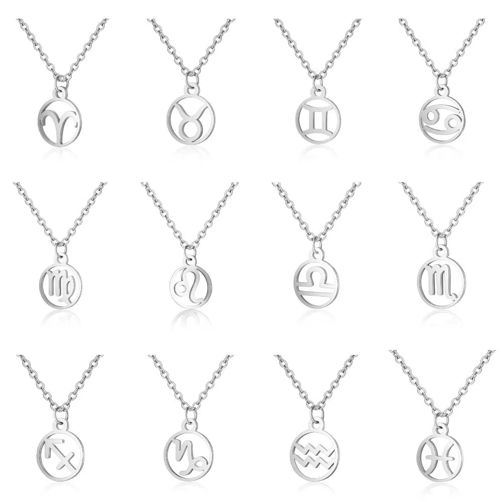 Creative Stainless Steel 12 Constellation Aries Libra Cancer Virgo Leo Pendant Necklace for Women Men Jewelry | Украшения и