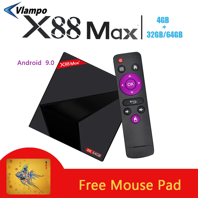X88 MAX 4K смарт приставка Android 9 0 ТВ 4 Гб ОЗУ 64 ПЗУ RK3318 четырехъядерный TYPE C 2 4G/5 ГГц