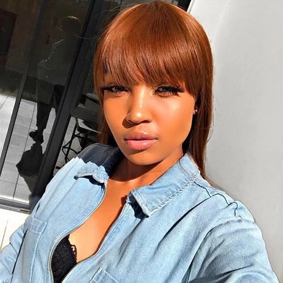 Customized Copper Brown Color 13x6 Lace Front Human Hair Wigs With Pre Plucked Brazilian 360 Remy Hair Straight with bangs Lace Frontal Wig