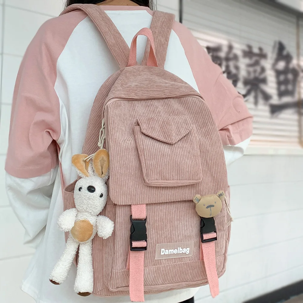 Фото Girl Cute Student kawaii Backpack Corduroy College Ladies School Bag Stripe Female Fashion Women Harajuku Book Cool | Багаж и сумки