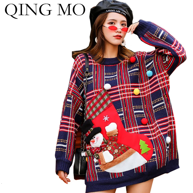 Женский зимний свитер QING MO Красный Клетчатый большого размера плюс модель ZQY2253 2019
