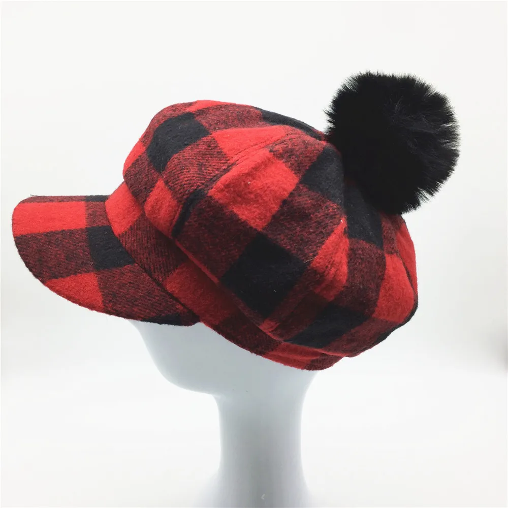 

Women Plaid Baker Boy Hat Removable Faux Fur Pompom Girls Red Black Checked Baseball Cap Octagonal Hat Newsboy Winter Hat