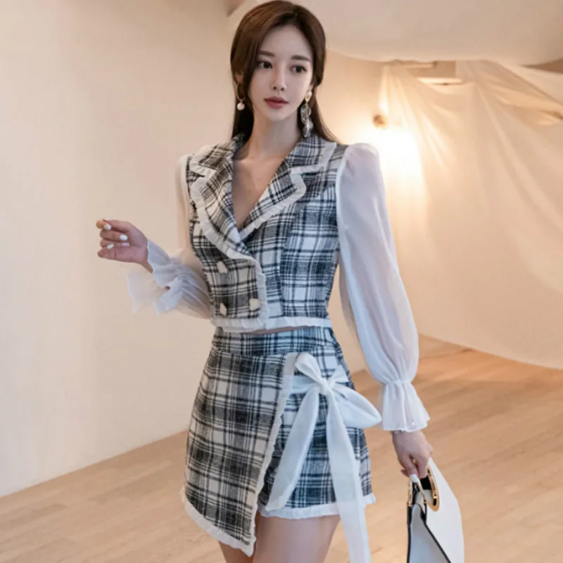Autumn Notched Double Breasted Flare Sleeve Crop Blazer Coat Bowknot Mini Bodycon Shorts Two Piece Office Plaid Sets Suits
Autumn Notched Double Breasted Flare Sleeve Crop Blazer Coat Bowknot Mini Bodycon Shorts Two Piece Office Plaid Sets Suits