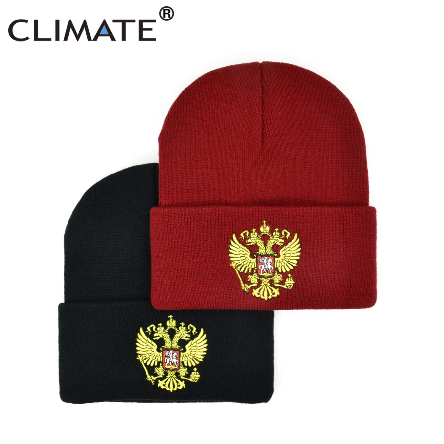 

CLIMATE Men Russia Winter Hat Skullies Russian National Day Emblem Beanie Skullies Men Women Warm Knitted Hats Cap for Men Women
