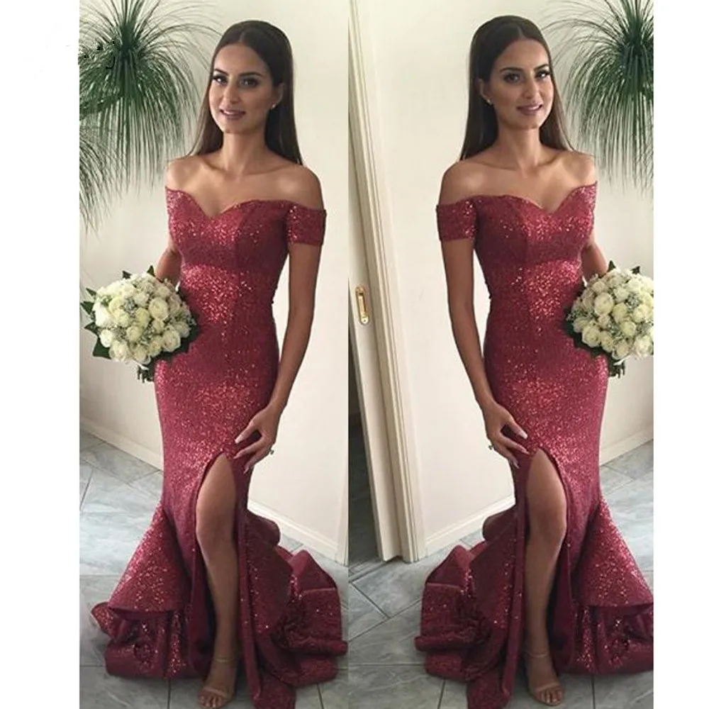 Sexy Wine Red Sequined Long Mermaid Honor Of Bride Off The Shoulder Side Split Ruffles Long Bridesmaid Dress 2020 Prom Gowns
Sexy Wine Red Sequined Long Mermaid Honor Of Bride Off The Shoulder Side Split Ruffles Long Bridesmaid Dress 2020 Prom Gowns
