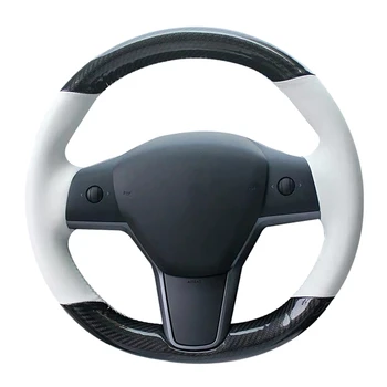 Car Steering Wheel Cover 5D Carbon Fiber & White PU Leather Hand-Stitched Steering Cover for Tesla Model 3 2017-2020 
Car Steering Wheel Cover 5D Carbon Fiber & White PU Leather Hand-Stitched Steering Cover for Tesla Model 3 2017-2020