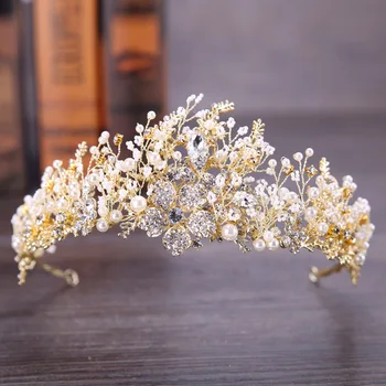 

SLBRIDAL Handmade Rhinestones Bridal Tiara Crown Wedding Headband Wired Pearls Crystal Floral Women Jewelry Headpieces Headdress