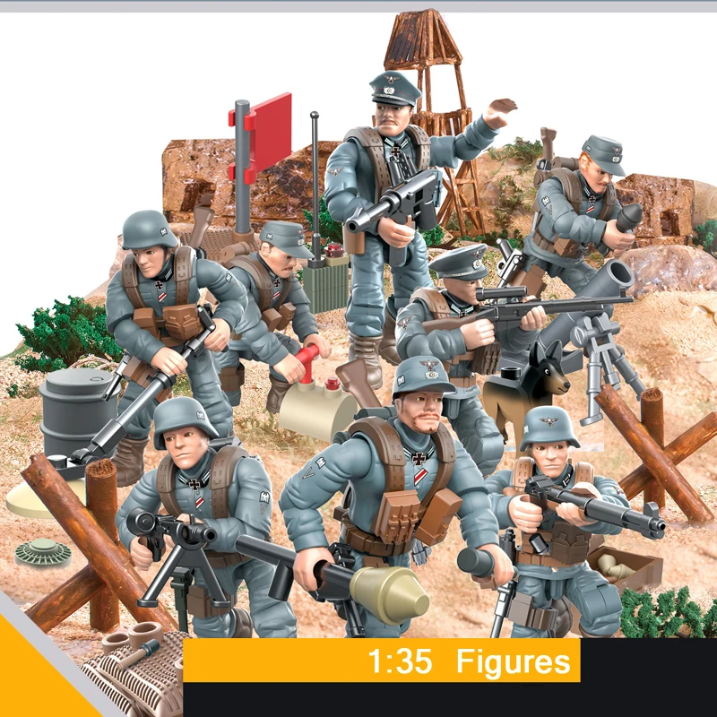 

1:35 scale military Germany army forces action figures world war Battle in Normandy mega block ww2 weapon gun building brick toy