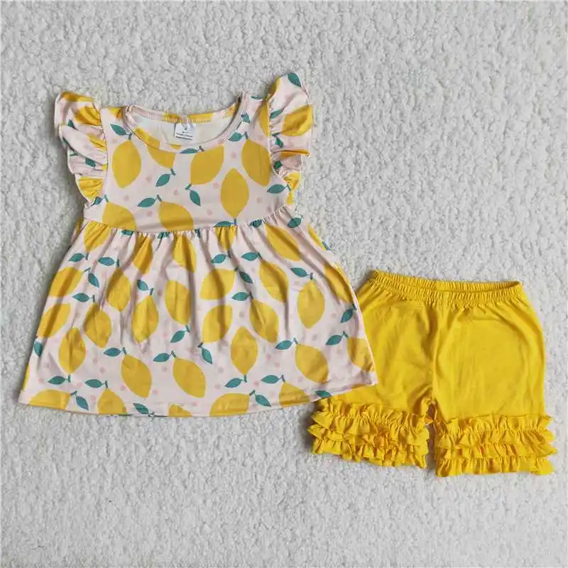 

Wholesale Summer Clothing Baby Girl Clothes Flutter Sleeve Tunic Yellow Icing Ruffle Shorts Lemon Kids Children Outfits Cute Set