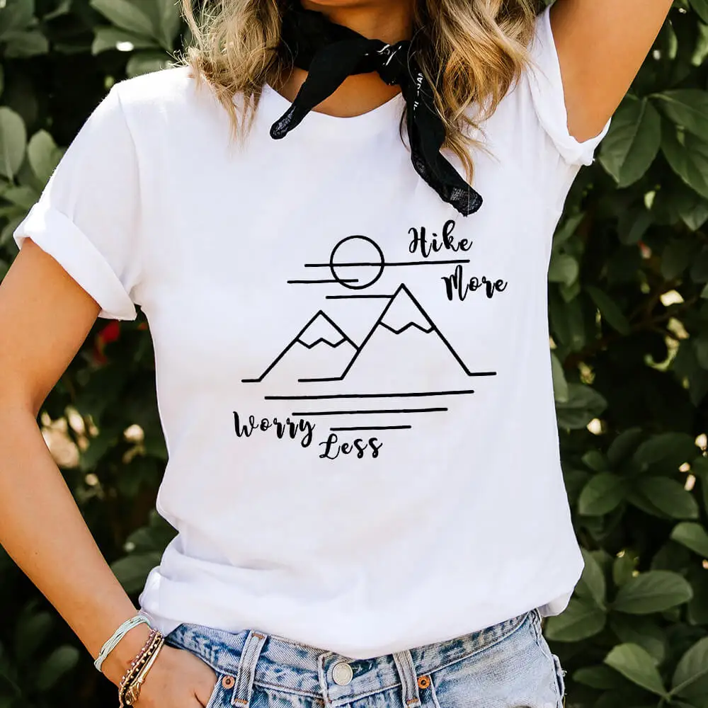 

Hike More Worry Less 100%Cotton Printed Women Tshirts Explore Tee Adventure Shirts Outdoor Hiking Summer Casual Short Sleeve Top