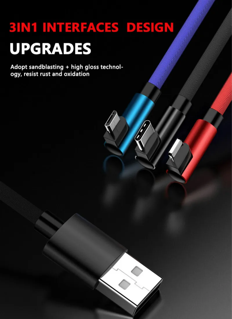 90 Degree Fast Charging Data Cord for IPhone Xs 3 In 1 USB Cable for Xiaomi Type C Micro USB Charger Cable for Samsung
90 Degree Fast Charging Data Cord for IPhone Xs 3 In 1 USB Cable for Xiaomi Type C Micro USB Charger Cable for Samsung