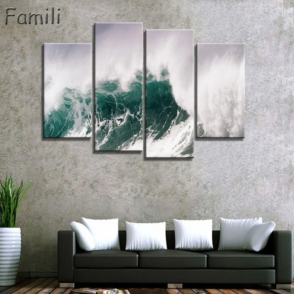

4Pieces Art Modern sea green blue beach Wave picture decoration canvas painting wall picture for living room home decor unframed