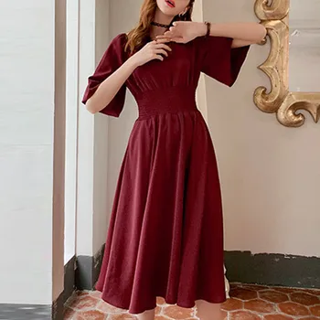 summer elegant dress Fashion Women Sexy Casual Short Flare Sleeve Solid Ladies Pleated Dress 2 color summer female clothes 2020
summer elegant dress Fashion Women Sexy Casual Short Flare Sleeve Solid Ladies Pleated Dress 2 color summer female clothes 2020