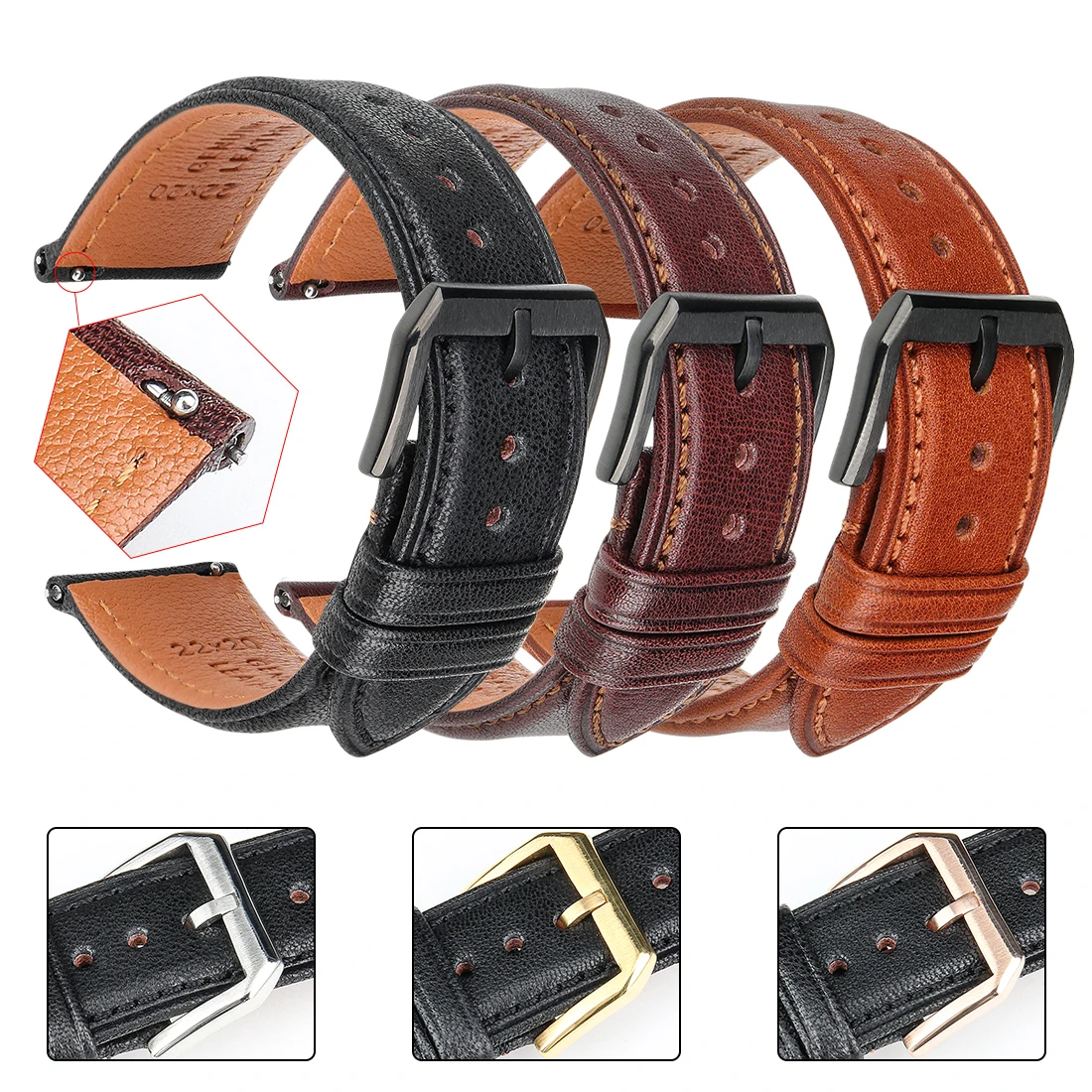 Ремешок кожаный для мужских и женских наручных часов быстросъемный браслет