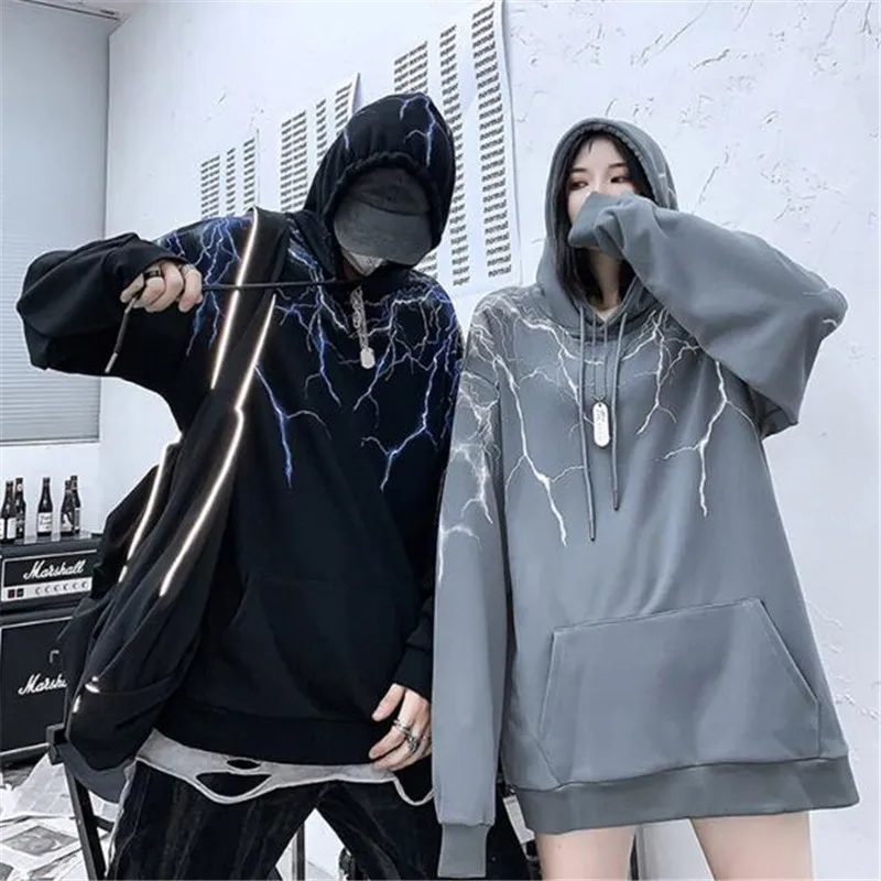 

2020 autumn hip-hop lightning hoodie sweatshirt male Harajuku streetwear hooded pullover cotton loose hoodie fashionable black