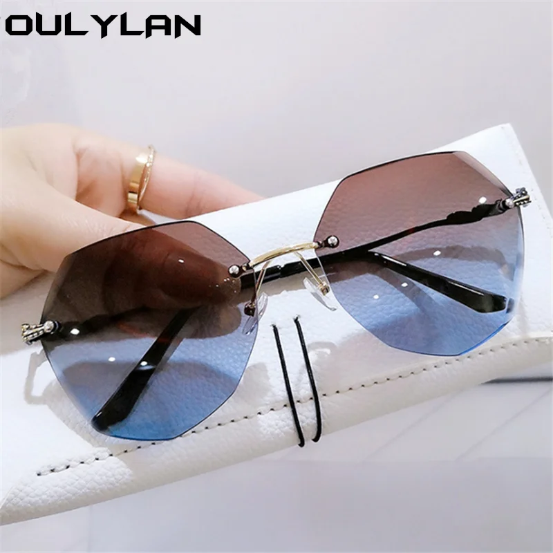 

Oulylan Women Cat Eye Rimless Sunglasses Luxury Brand Designer Metal Gradient Sun Glasses Ladies Trimming Eyewear Tea Blue UV400