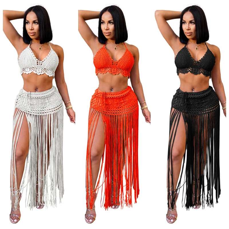 2021 New Crochet Tassel Sexy Two Piece Skirt Set Summer Bra Top+long tassel Skirt Hollow Out 2pcs/set beach cover-ups
2021 New Crochet Tassel Sexy Two Piece Skirt Set Summer Bra Top+long tassel Skirt Hollow Out 2pcs/set beach cover-ups